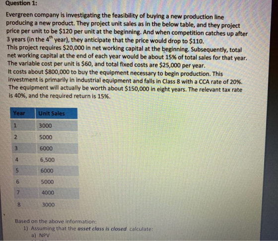 Question 1: Evergreen company is investigating the feasibility of buying a new production line producing a new product. They