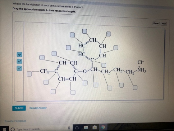 What is the hybridization of each of the carbon atoms in Prozac? Drag the appropriate labels to their respective targets. Reset Help CH CH ?? sp CH CH-CH Cl- CF3- CH CH CH2 CH NH CH-CH Submit Request Answer Provide Feedback Type here to search