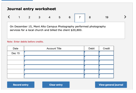 Journal entry worksheet < 1 2 3 4 5 6 On December 15, Mont Alto Campus Photography performed photography services for a local
