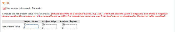 (b) X Your answer is incorrect. Try again. Compute the net present value for each project. (Round answers to 0 decimal places