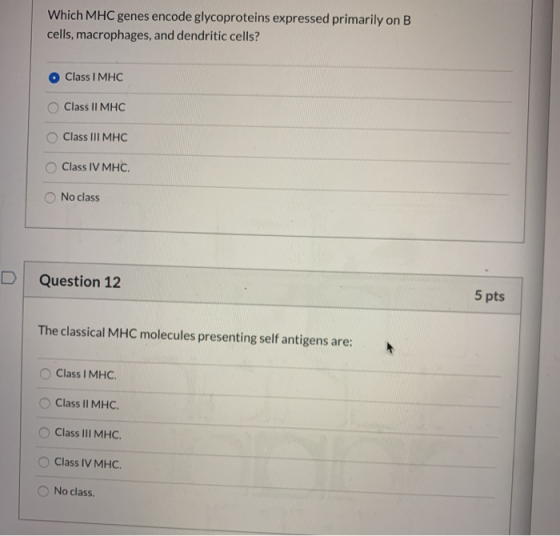 Which MHC genes encode glycoproteins expressed primarily on B cells, macrophages, and dendritic cells? Class I MHC Class II M