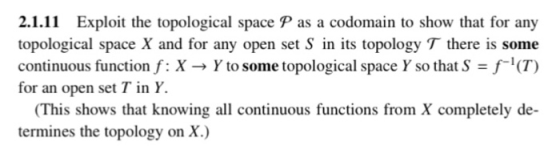 2.1.11 Exploit the topological space P as a codomain to show that for any topological space X and for any open set S in its t