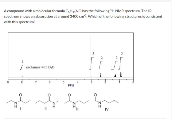 A compound with a molecular formula C5H11NO has the following 1H NMR spectrum. The IR spectrum shows an absorption at around