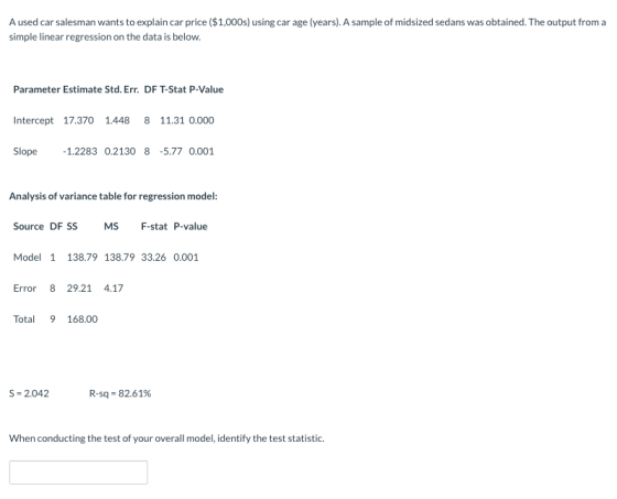 A used car salesman wants to explain car price ($1,000s) using car age (years). A sample of midsized sedans was obtained. The