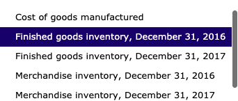Cost of goods manufactured Finished goods inventory, December 31, 2016 Finished goods inventory, December 31, 2017 Merchandis
