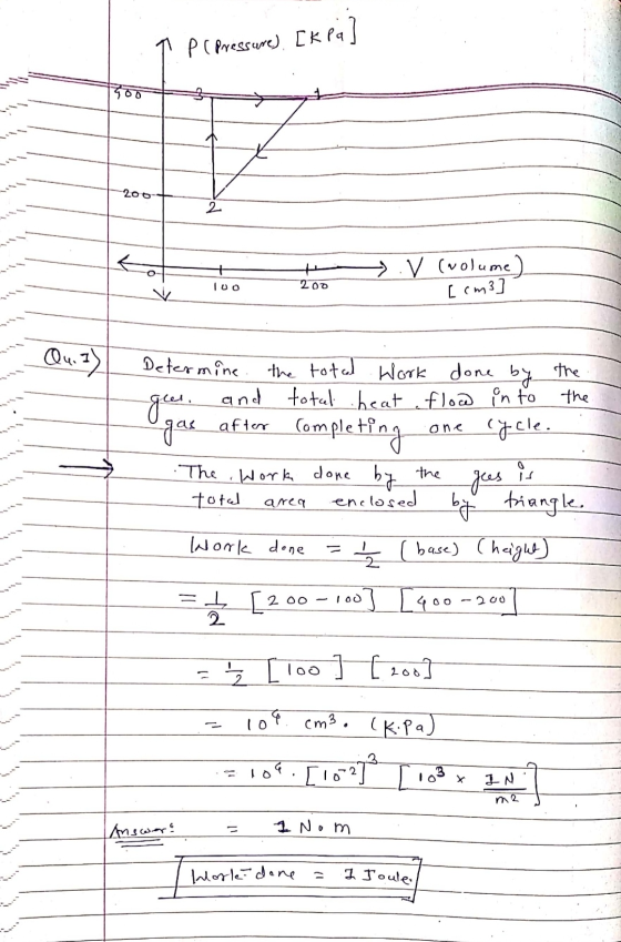 7 P (pressure). [kPa] ko It a >.(volume) TUO 200 [cm3 Determine the total Work done by the gles, and total heat flow in to th