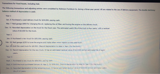 Transactions for Fred Assets, Including Sale The following transactions and adjusting entries were come balance method of dep