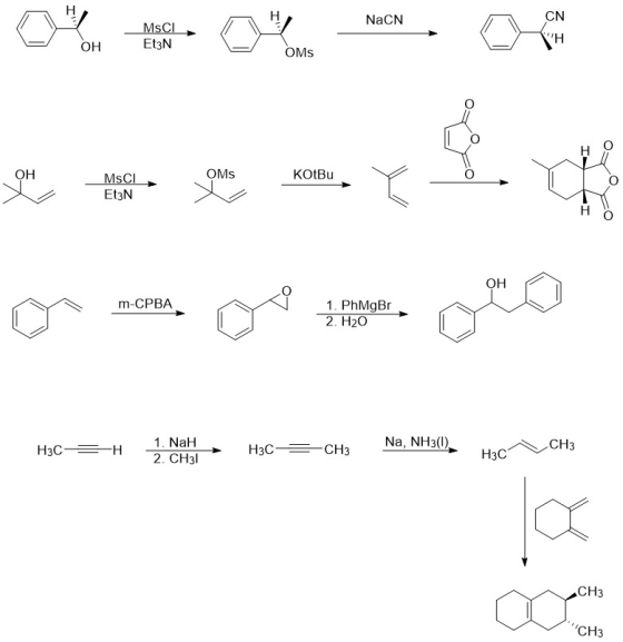 CN NaCN MSCI Et3N H ОН OMs OMs Он KOIBU MSCI Et3N ОН 1. PhMgBr 2. H20 m-CPBA Na, NH3() 1. NaH CH3 H3C CH3 Нзс — Н Нзс 2. CH3