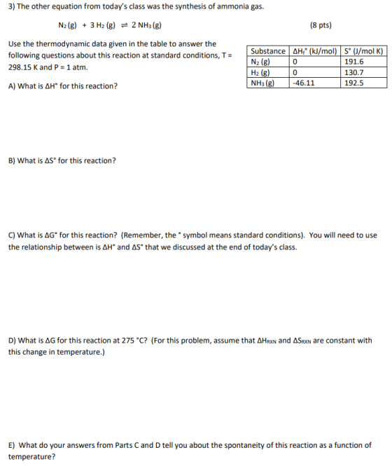 3) The other equation from todays class was the synthesis of ammonia gas. N2(g) + 3 H2(g) = 2 NH3(g) (8 pts) Use the thermod