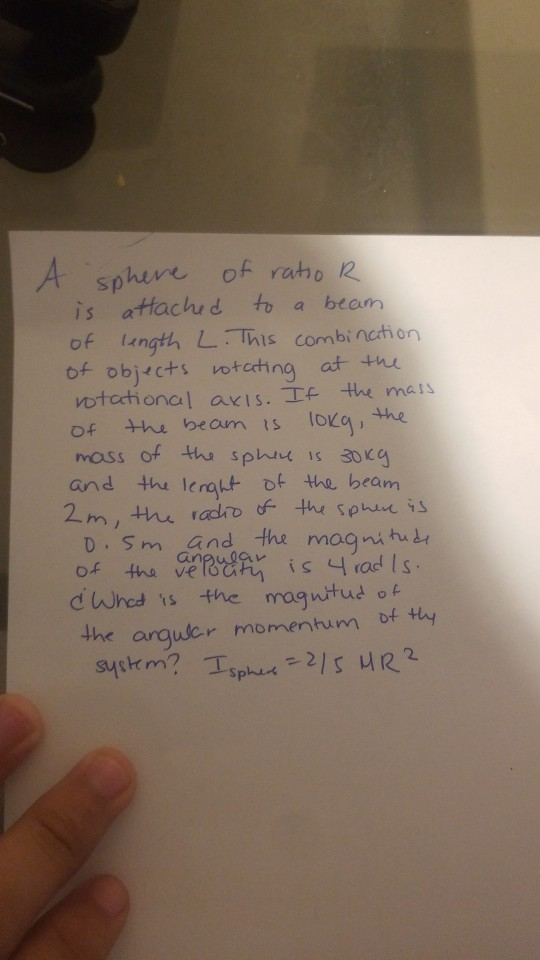 A sphere of ratio R is attached to a beam of length L. This combination of objects rotating at the rotational axis. It the ma