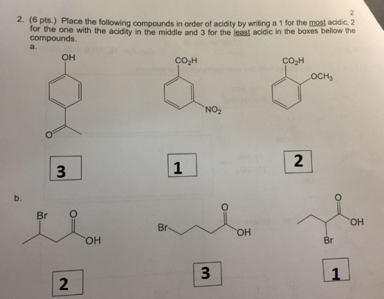 2 2. (6 pts.) Place the following compounds in order of acidity by writing a 1 for the most acidic, 2 or the one with the acidity in the middle and 3 for the least acidic in the boxes bellow the compounds. a. ?? ???? CO2H OCH3 NO2 1 b. Br C ?? Br ?? Br 2