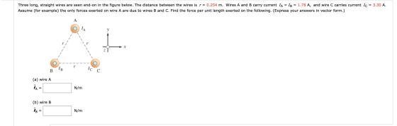 Three long, straight wires are seen end-on in the figure below. The distance between the wires is r = 0.254 m. Wires A and B