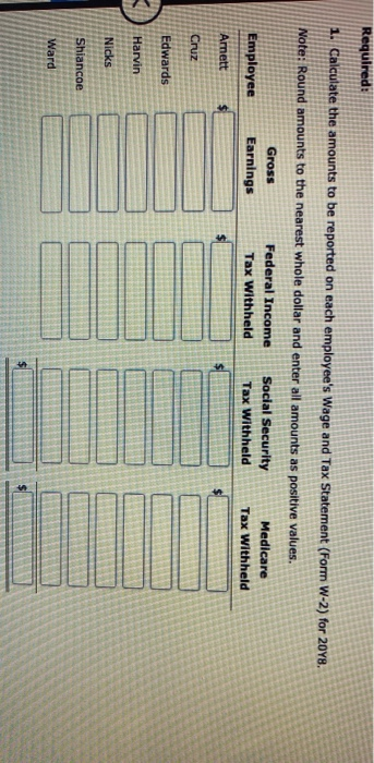 Required: 1. Calculate the amounts to be reported on each employees Wage and Tax Statement (Form W-2) for 20Y8. Note: Round
