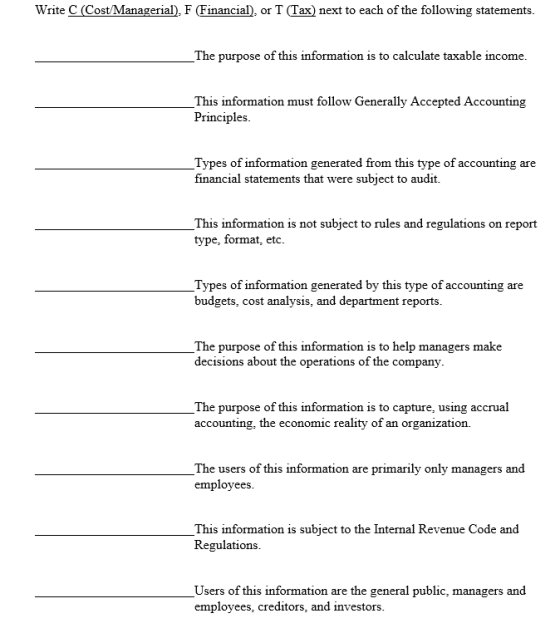 Write C (Cost/Managerial), F (Financial), or T (Tax) next to each of the following statements. The purpose of this informatio