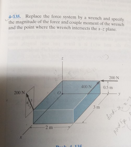 44135. Replace the force system by a wrench and specify the magnitude of the force and couple moment of the wrench and the po