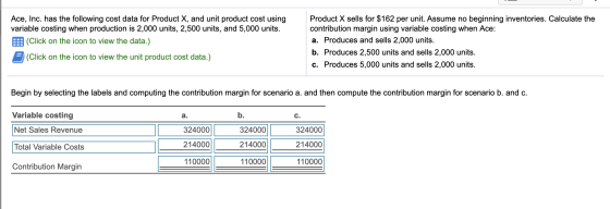 Ace, Inc. has the following cost data for Product X, and unit product cost using variable costing when production is 2,000 un