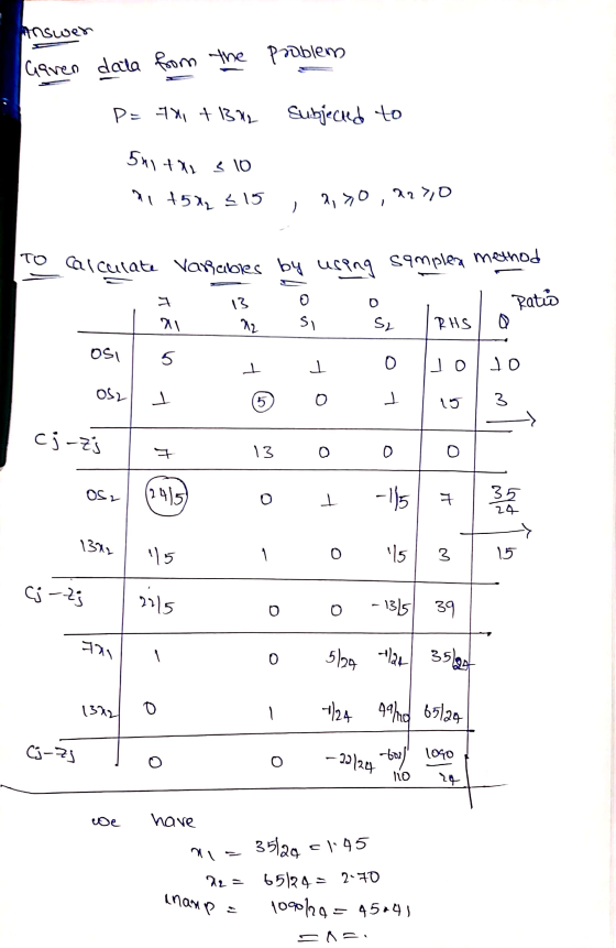 answer aaveo data from the problem P = 4+1 +BAL subjected to 541+x1 s 10 1 +502 215 , 2,00 , 227,0 I Ratio OSZ to calculate