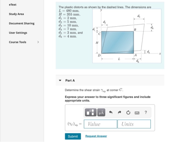 e Text Study Area Document Sharing The plastic distorts as shown by the dashed lines. The dimensions are L = 480 mm. H = 355