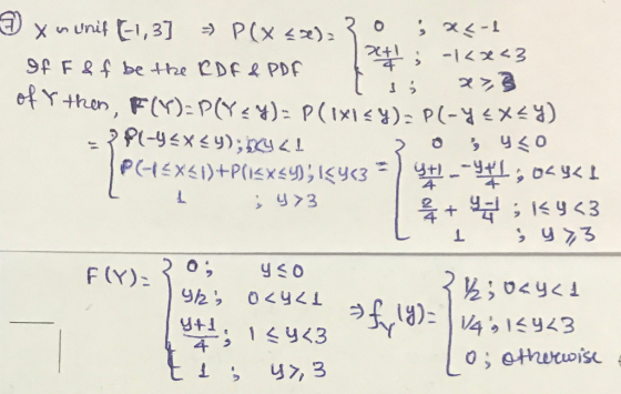 x n unif (1,3] P(xss)>20 ; x<-1 of F & f be the RDER Por ti kx<3 [ ; x>3 of Y then, F(Y)=P(YeY) = P(ixiey) = P(-y EXEY) 1PC-4
