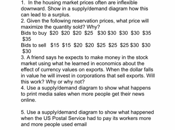1. In the housing market prices often are inflexible downward. Show in a supply/demand diagram how this can lead to a surplus