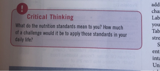 add po nie o ! Critical Thinking cha Lab What do the nutrition standards mean to you? How much of a challenge would it be to