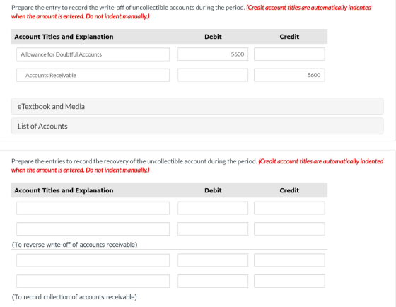 Prepare the entry to record the write-off of uncollectible accounts during the period. (Credit account titles are automatical
