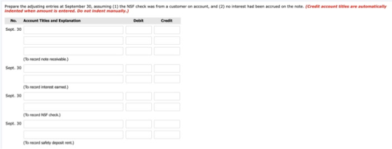 Prepare the adjusting entries at September 30, assuming (1) the NSF check was from a customer on account, and (2) no interest