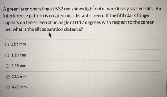A green laser operating at 532 nm shines light onto two-closely spaced slits. An interference pattern is created on a distant