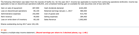 The following information was taken from the records of Swifty Inc. for the year 2017: Income tax applicable to income from continuing operations $183,022; income tax applicable to loss on discontinued operations $28,934, and unrealized holding gain on available-for-sale securities (net of tax) $24,700 Gain on sale of equipment Loss on discontinued operations Administrative expenses Rent revenue Loss on write-down of inventory $97,900 85,100 242,900 49,900 69,100 Cash dividends declared Retained earnings January 1, 2017 Cost of goods sold Selling expenses Sales Revenue $163,300 580,500 915,700 284,400 1,902,600 Shares outstanding during 2017 were 104,100 ▼ (a) Prepare a multiple-step income statement. (Round earnings per share to 2 decimal places, e.g. 1.48.)