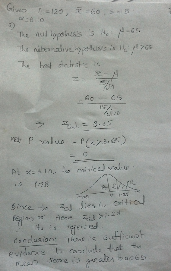 Giveo n120, 60, s =15 The null hypelhusis is Ho -65 The alternadive hypehusis is Ha 765 The test stat shic is 60 65 3.65 Pae
