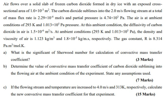 Air flows over a solid slab of frozen carbon dioxide formed in dry ice with an exposed cross- sectional area of 1.0x109 m². T