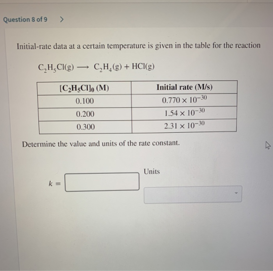 Question 8 of9 Initial-rate data at a certain temperature is given in the table for the reaction C2H, CI(g) C2H, (g) + HCIg)