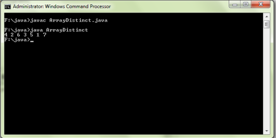 .Administrator: Windows Command Processor F:javajavac ArrayDistinct.java Fjava java ArrayDistinct 4 2 6 3 51 7