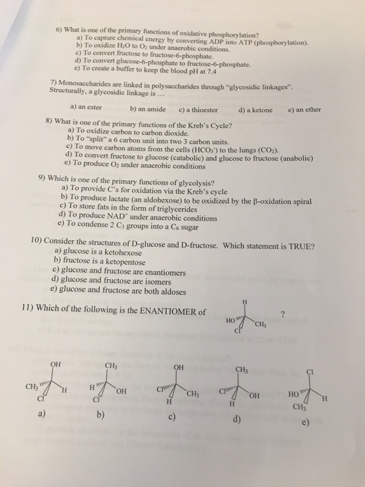 6) What is one of the primary functions of oxidative phosphorylation? a) To capture chemical energy by converting ADP into AT