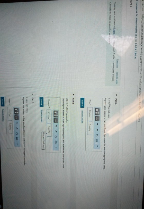 temView?assi 759 Calculate the mass (in grams) of each sanp mo, Value Units 5 76x10 19 CC, F, molecules