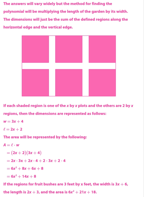 The answers will vary widely but the method for finding the polynomial will be multiplying the length of the garden by its wi