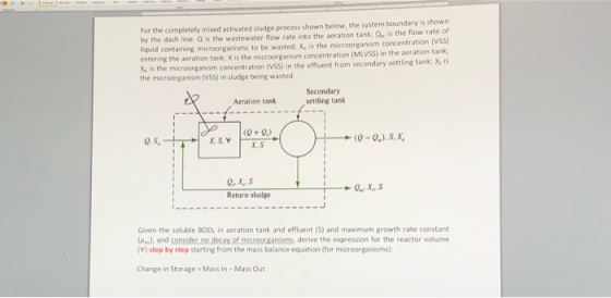 For the completely mixed activated sludge process shown below, the system boundary is shown by the dash line. Qis the wastewa