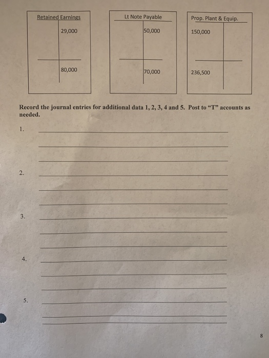 Lt Note Payable Retained Earnings Prop. Plant & Equip. 50,000 29,000 150,000 80,000 70,000 236,500 Record the journal entries