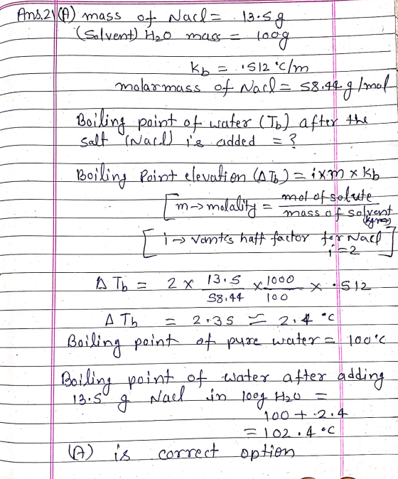 Ans21.ch) mass of Nacka : 13:59 (Solvent) H₂O mass - loog kb = 1512 C/m molar mass of Nall= 58.44 g/mol Boiling point of wat