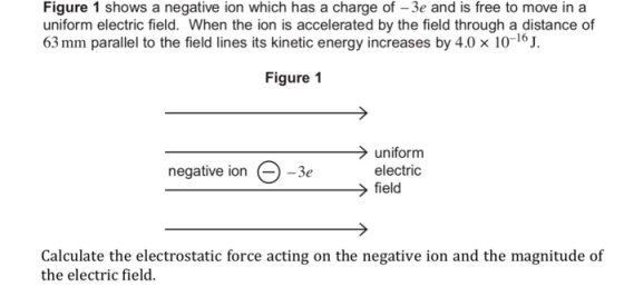 Figure 1 shows a negative ion which has a charge of -3e and is free to move in a uniform electric field. When the ion is accelerated by the field through a distance of 63 mm parallel to the field lines its kinetic energy increases by 4.0 x 10-16J. Figure 1 > uniform electric negative ion Э_3e field the electric field.