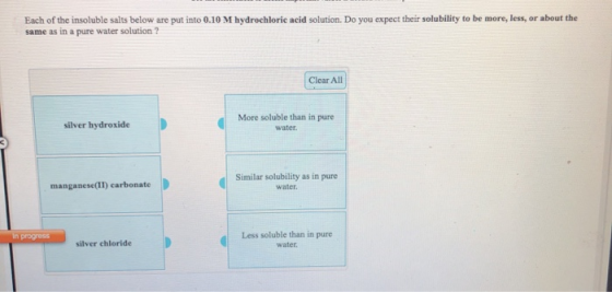 Each of the insoluble salts below are put into 0.10 M hydrochloric acid solution. Do you expect their solubility to be more,