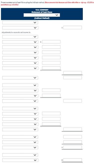 Pregere Set of cash flows using the Indirect method. (Show mounts that decrease cash flow with either as 15,000 parentheses.