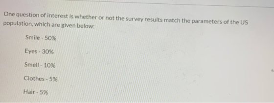 One question of interest is whether or not the survey results match the parameters of the US population, which are given belo