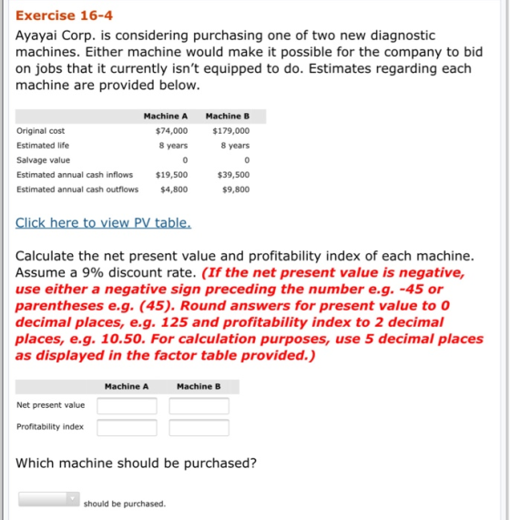 Exercise 16-4 Ayayai Corp. is considering purchasing one of two new diagnostic machines. Either machine would make it possibl