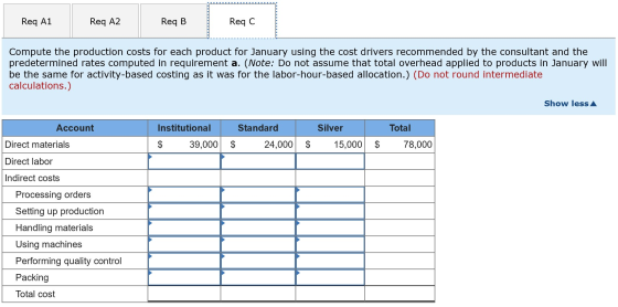 Req A1 Req A2 Req B Req C Compute the production costs for each product for January using the cost drivers recommended by the