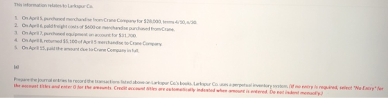 This information relates to Larkspur Co On April 5, purchased merchandise from Crane Company for $28,000, terms 4/10, n/30. 2