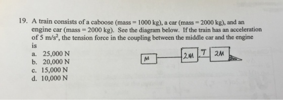 A train consists of a caboose (mass = 1000 kg), a