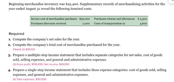 Beginning merchandise inventory was $25,400. Supplementary records of merchandising activities for the year ended August 31 r