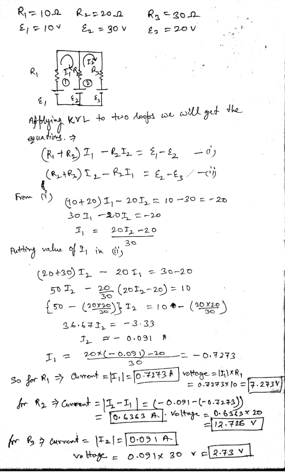 Ri=100 R282002 Es=30v R3=302 Ez E 20 V E, slov I24 Ri int Co 2 we will get the &, {z] Applying KVL to two loops equations. (R