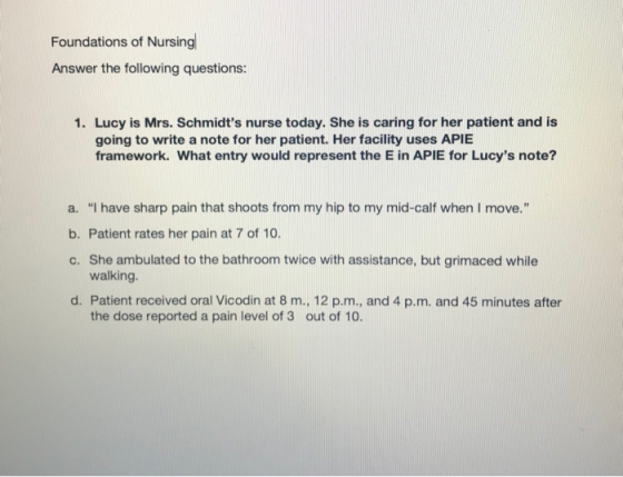 Foundations of Nursing Answer the following questions: 1. Lucy is Mrs. Schmidts nurse today. She is caring for her patient a